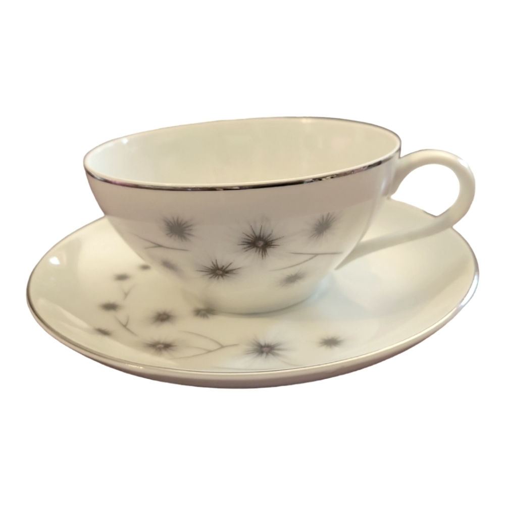 1 Vtg Platinum Star Burst Creative Tea Coffee Cup/Saucer #1014 Porcelain